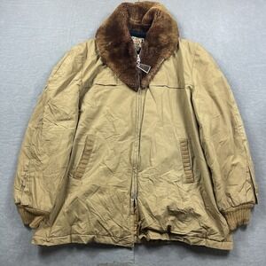 Vintage Campus Outerwear Jacket Mens 44 Brown Fur Lined Collar Full Zip See